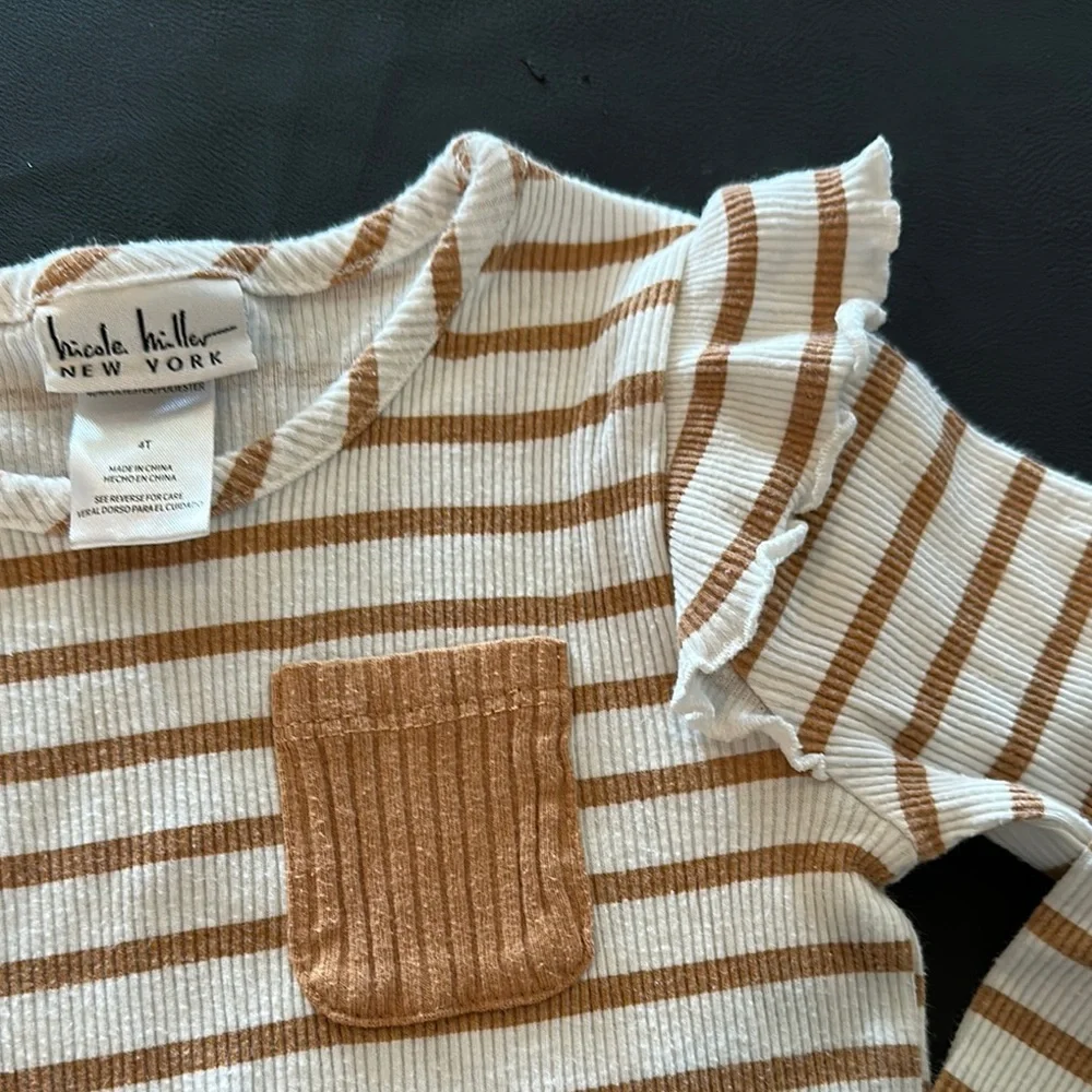 Kids Long Sleeve Thermal Striped Top W/ Sleeve Ruffles - Beige and White - Picture 3 of 6